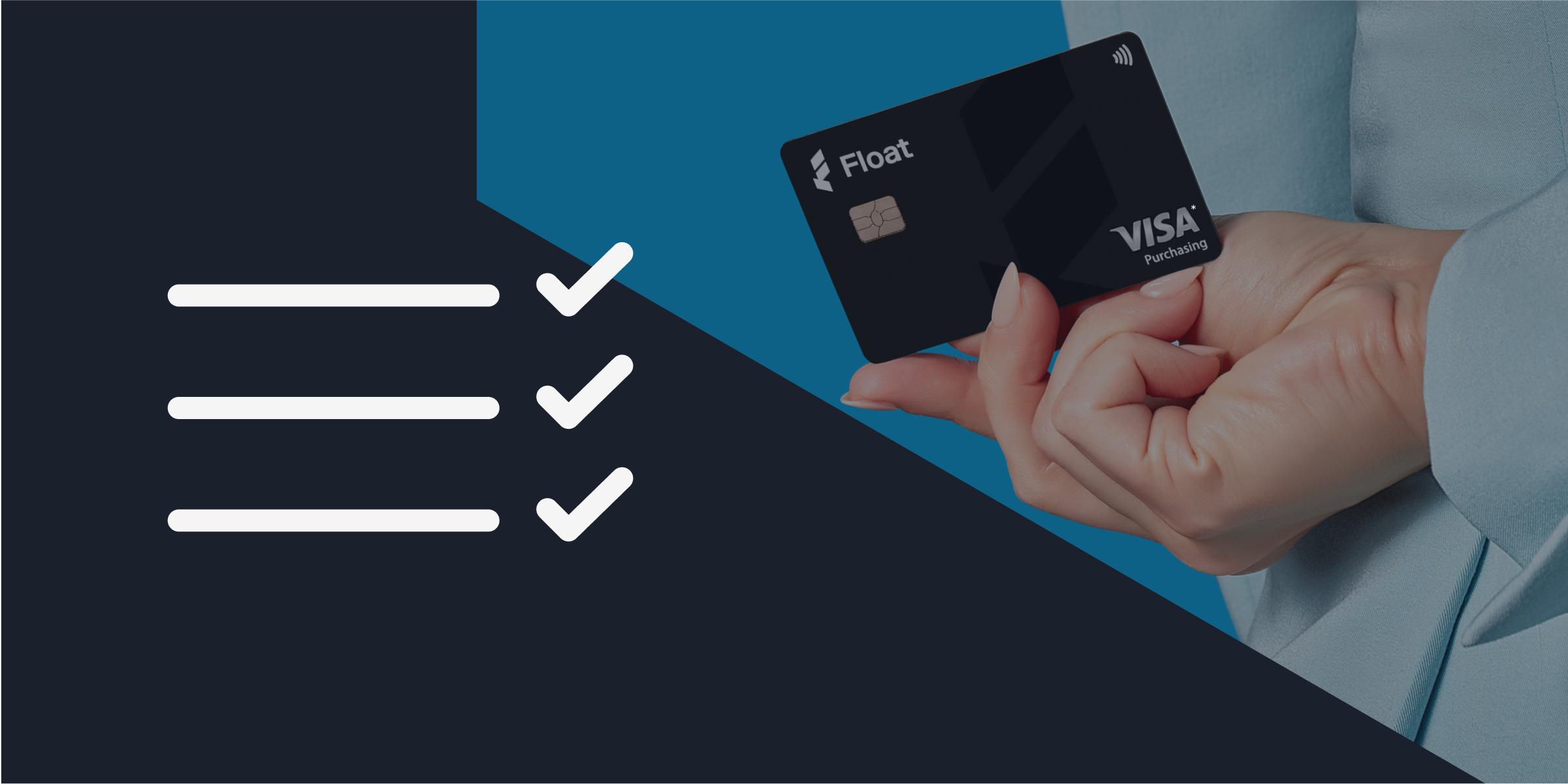 A hand holding a black credit card behind the back, close on the credit card. There is an icon of a white checklist to the left of the image.