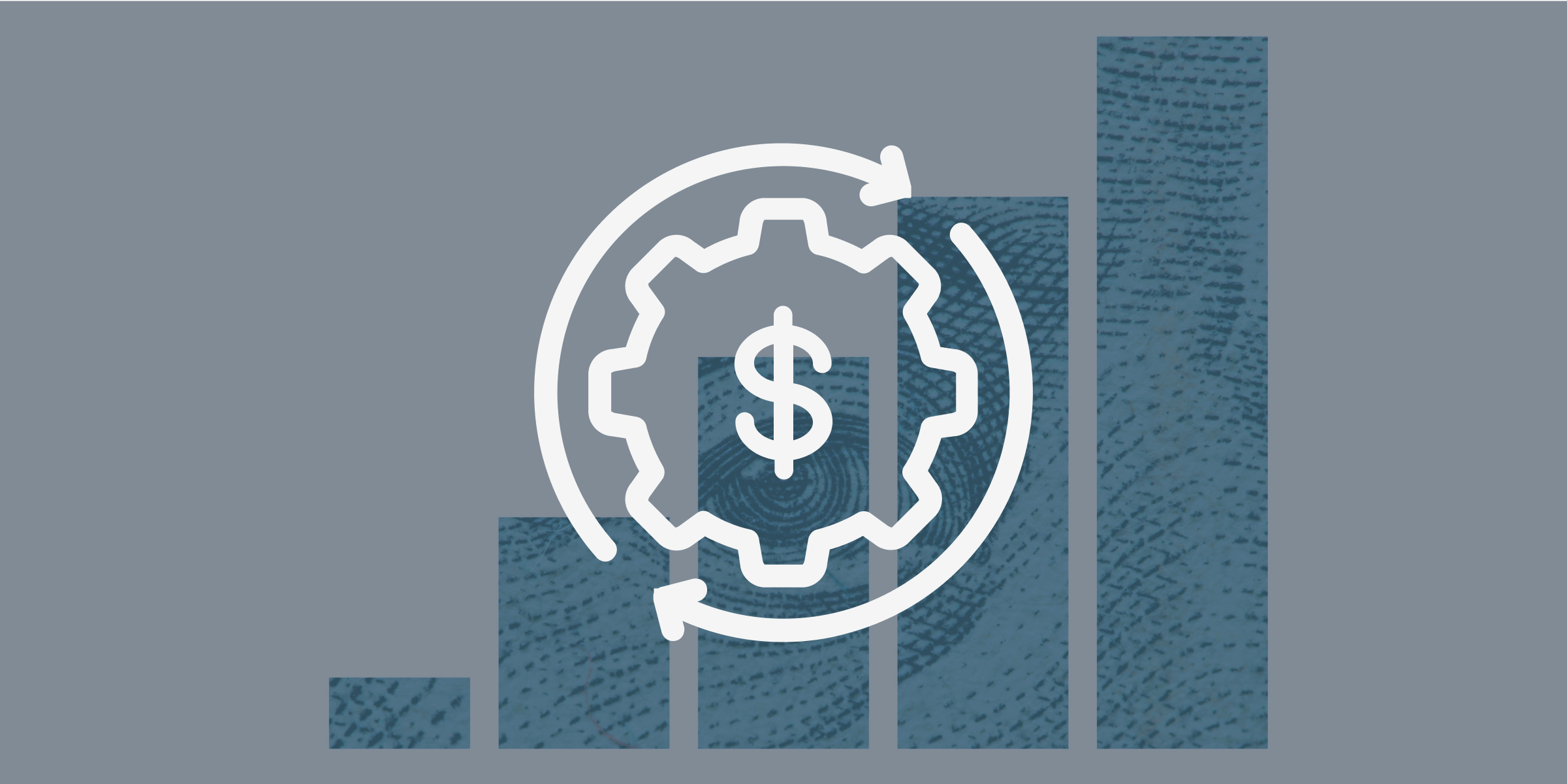 A bar graph growing upwards of cash, with a dollar sign icon in a gear on top
