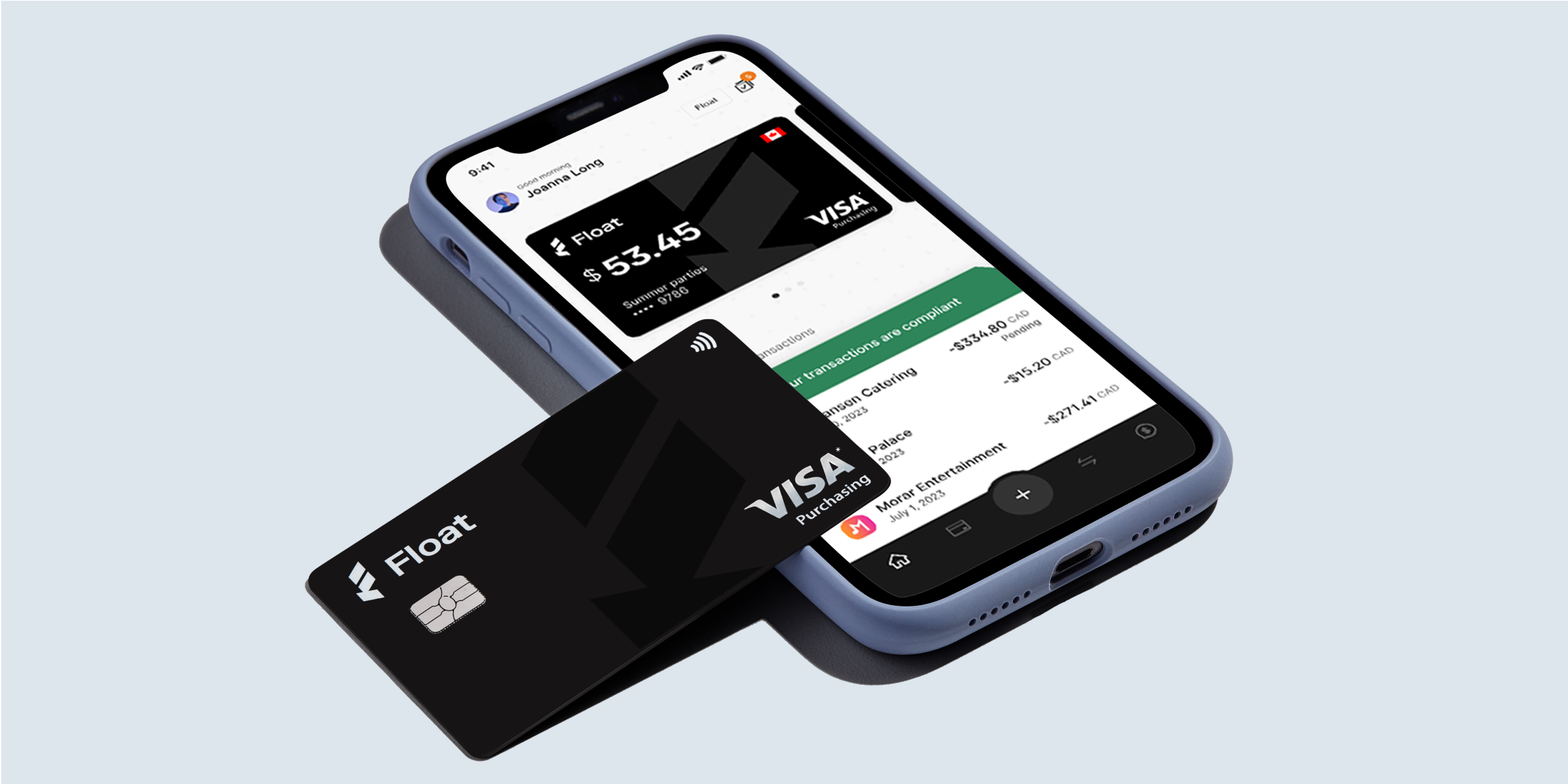 a light blue background with a smartphone opened to a virtual credit card. A physcal credit card is leaned up next to the phone.