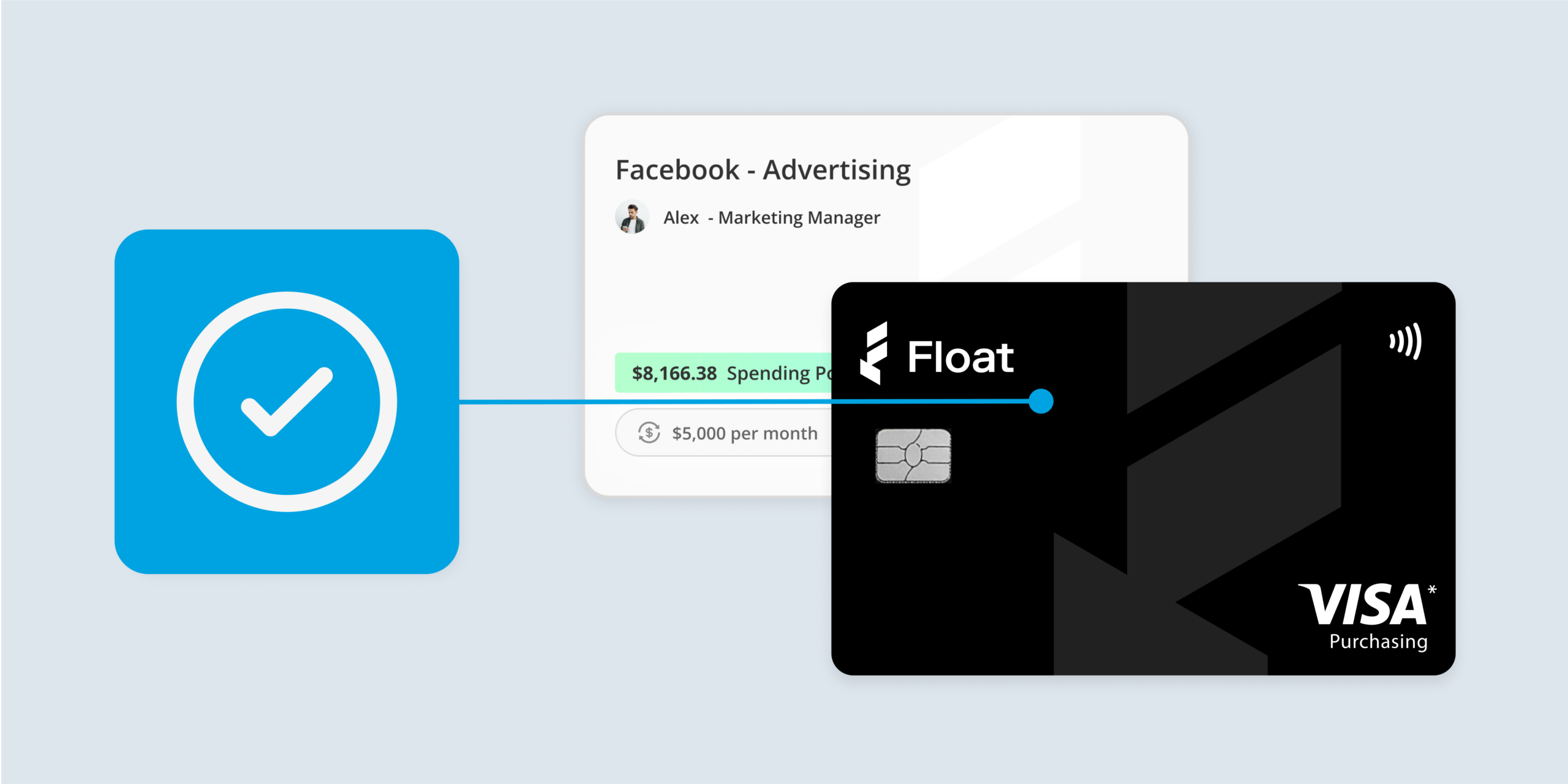 Pale blue screen with a teal blue checkmark and a credit card