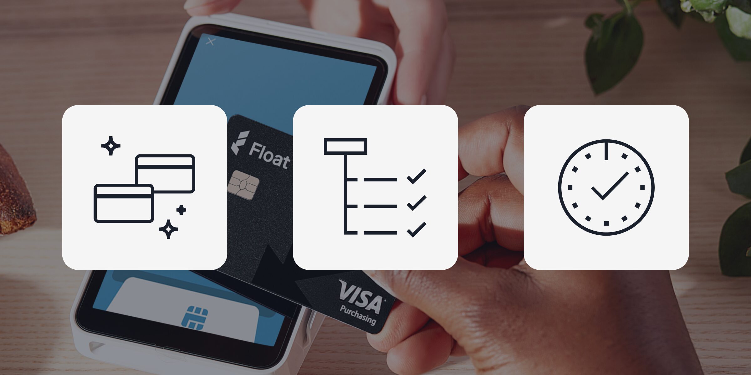 a corporate card tapping on a smartphone screen to make a payment. there are three icons with a credit card, a checklist, and a clock.