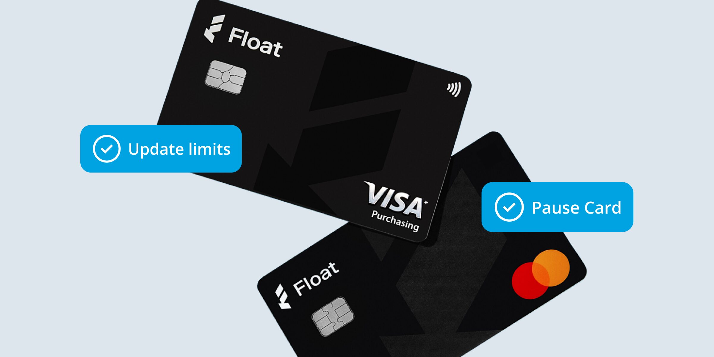 two black credit cards floating on a pale blue background