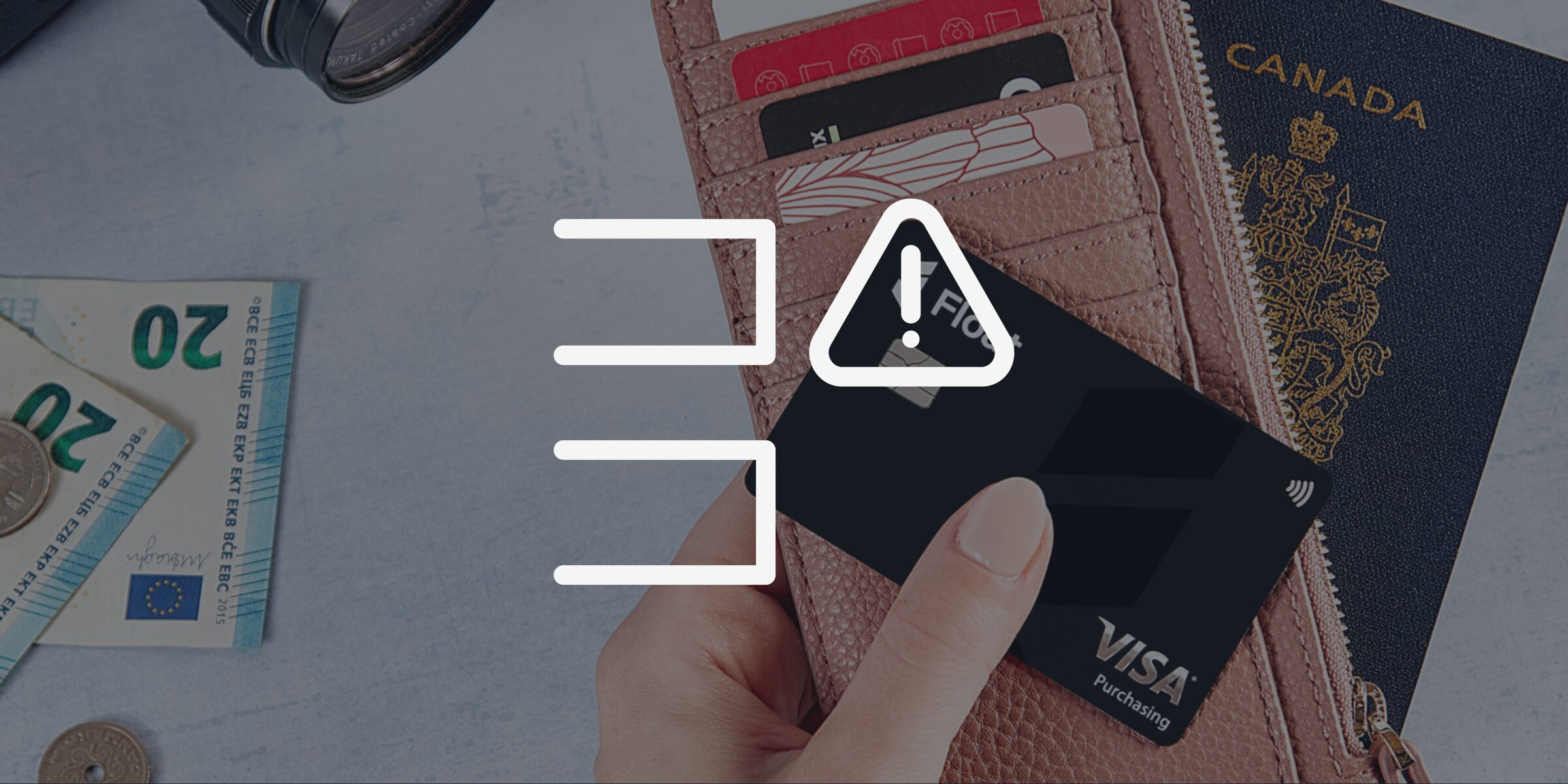 a hand on a wallet holding a corporate card with an alert on it