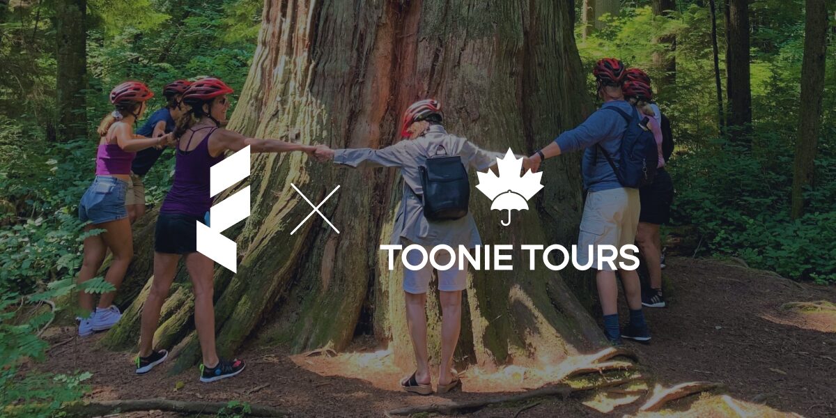 Float logo and Toonie Tours logo with tour group hugging tree in background